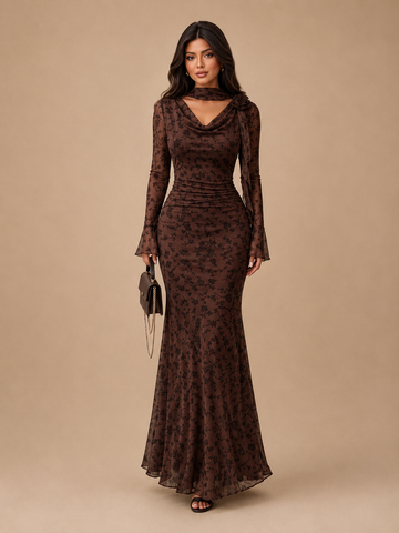 Dark Brown Floral Mesh Cowl Neck Flare Sleeve Mermaid Maxi Dress - Espresso brown tonal floral print long sleeve evening gown
