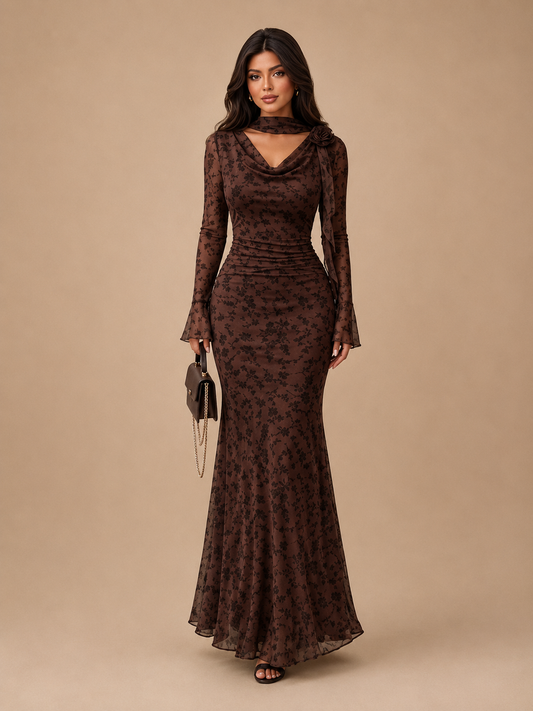 Dark Brown Floral Mesh Cowl Neck Flare Sleeve Mermaid Maxi Dress - Espresso brown tonal floral print long sleeve evening gown