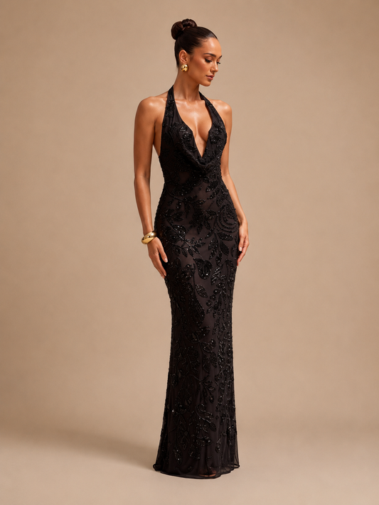 Black Sequin Floral Halter Neck Backless Maxi Gown - Jet black all-over sequin mermaid evening dress