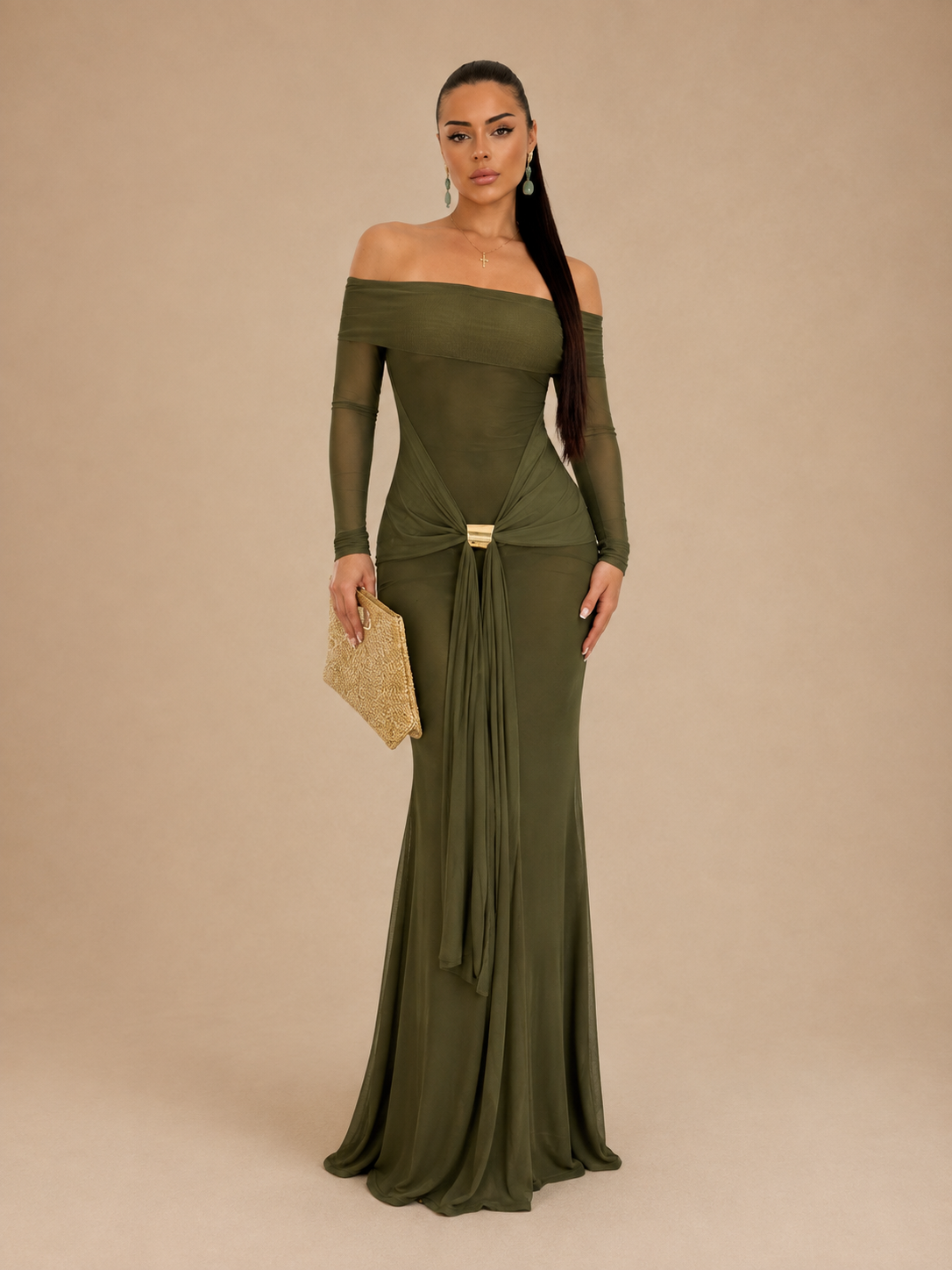 Olive Green Off-Shoulder Long Sleeve Gold Bar Knot Mermaid Maxi Dress - Earthy olive green formal evening gown with gold hardware waist detail
