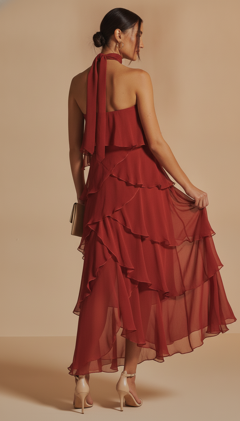 Vestido Largo de Volantes Rojo Teja con Fular