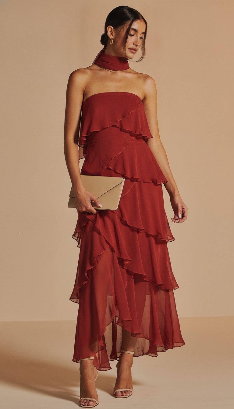 Vestido Largo de Volantes Rojo Teja con Fular