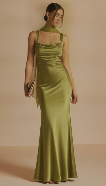 Vestido Largo Satinado Verde Oliva con Fular