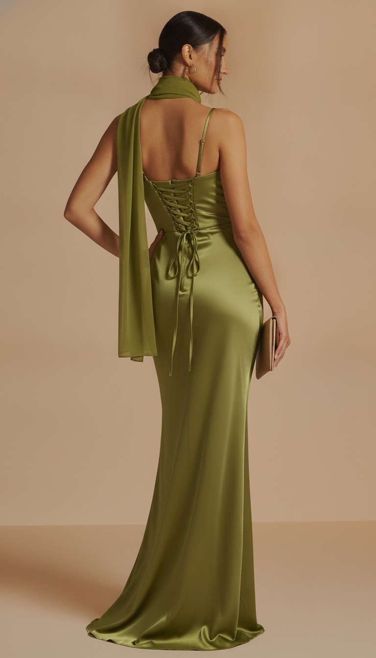 Vestido Largo Satinado Verde Oliva con Fular