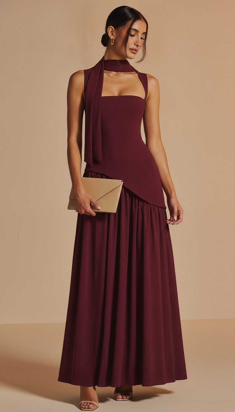 Vestido Largo Burdeos con Fular Integrado
