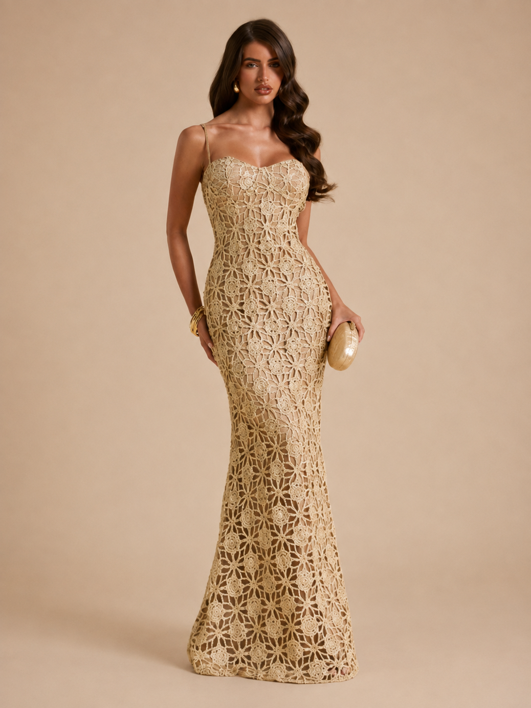 Gold Geometric Lace Spaghetti Strap Mermaid Gown - Champagne gold formal evening dress with all-over lace