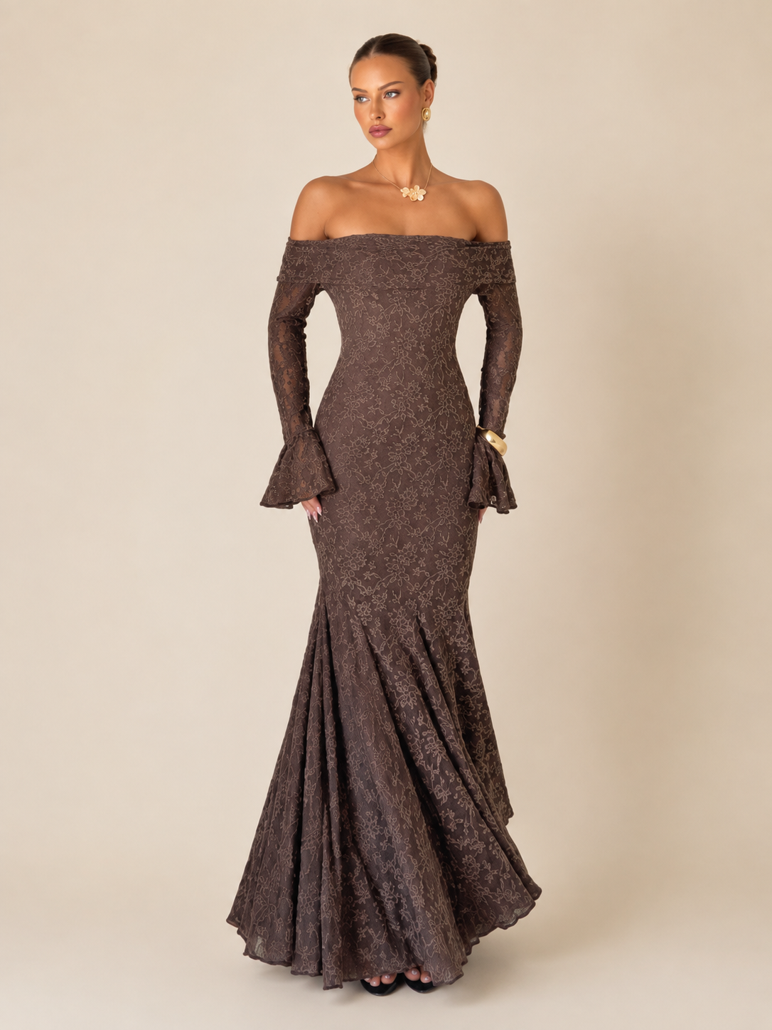 Mocha Floral Lace Off-Shoulder Mermaid Gown - Brown formal evening dress with flared cuffs
