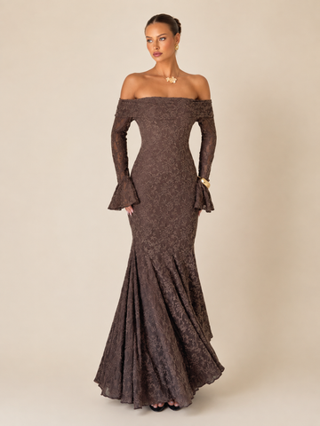 Mocha Floral Lace Off-Shoulder Mermaid Gown - Brown formal evening dress with flared cuffs