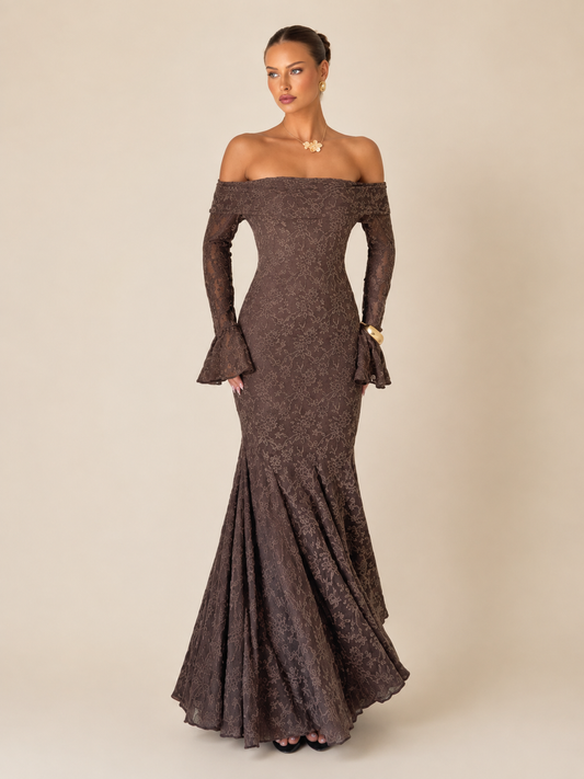 Mocha Floral Lace Off-Shoulder Mermaid Gown - Brown formal evening dress with flared cuffs