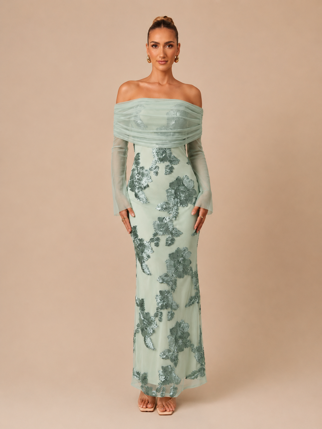 Sage Green Sequin Floral Off-Shoulder Maxi Dress - Mint green formal gown with sheer sleeves and draped tulle neckline