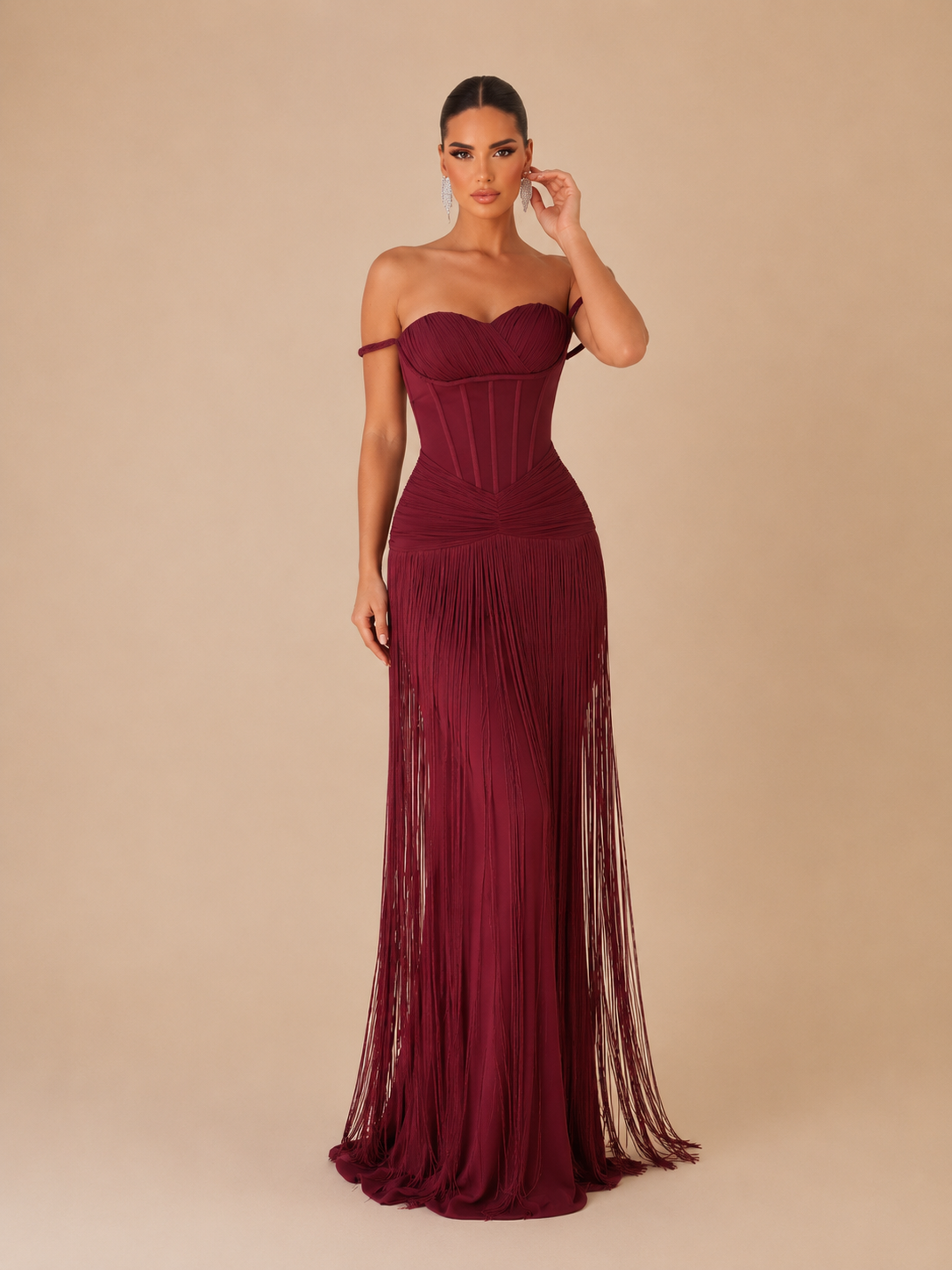 Burgundy Corset Fringe Maxi Gown - Deep wine off-shoulder evening dress with cascading fringe skirt