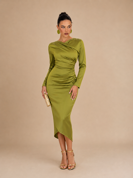 Chartreuse Green Satin Draped Neck Long Sleeve Ruched Asymmetric Midi Dress - Vivid yellow-green liquid satin sculptural midi dress